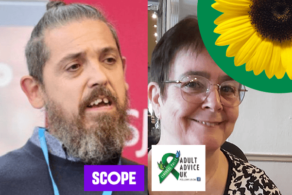 The image shows Richard Luke, representing Scope, a UK-based disability equality charity, and Karen Watson from Cerebral Palsy Adult Services UK, with the logo of the organisation in view. The Hidden Disabilities Sunflower symbol is partially visible on the right. Both figures appear to support initiatives for individuals with cerebral palsy.